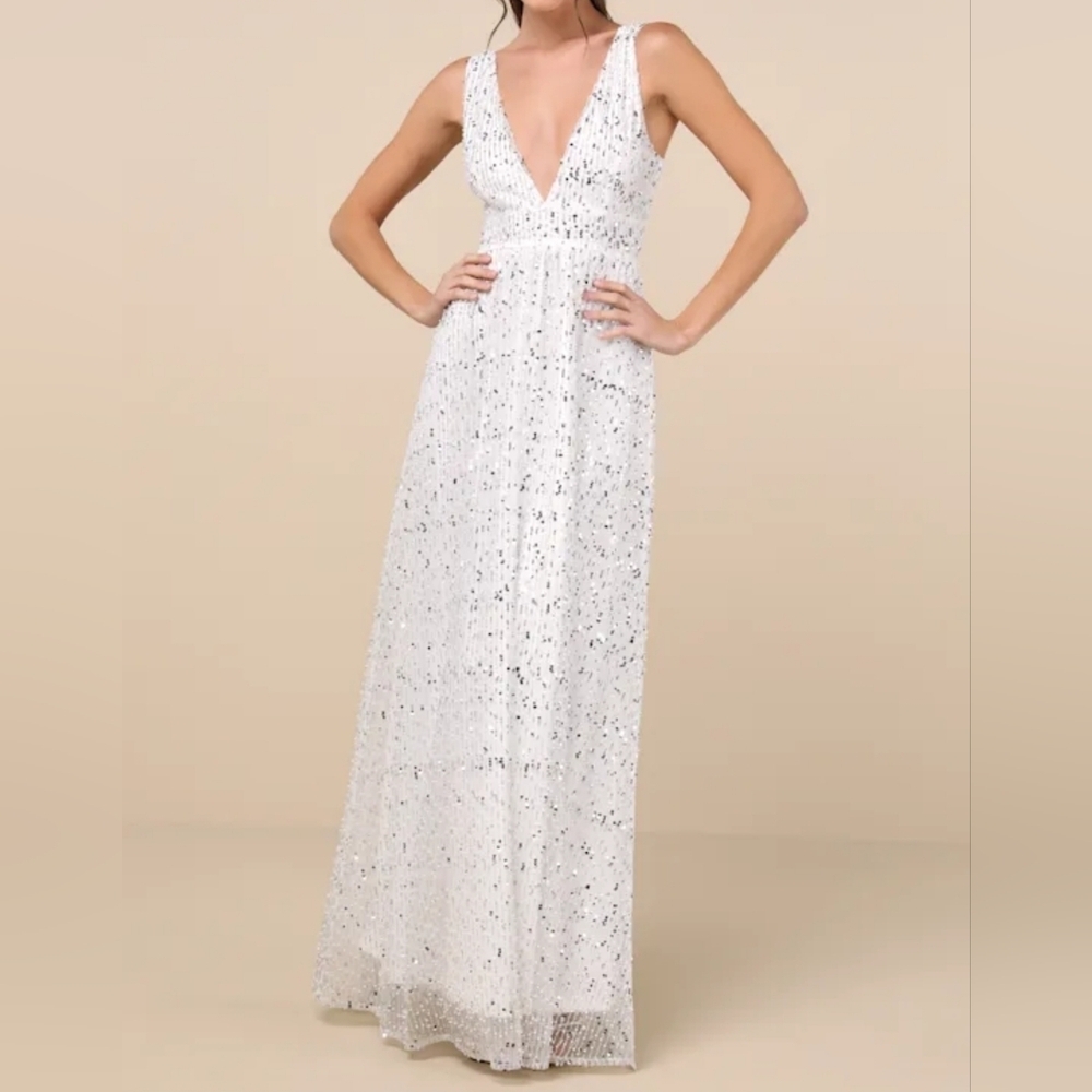 Lulus Solita White Sequin Mesh Sleeveless Maxi Dress, Size Women's Xs